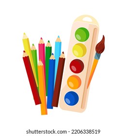 Colorful pen and watercolor palette tools set Vector realistics. Education icons. Pencil, palette, paint  and brush with paint