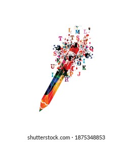 Farbiger Bleistift mit Alphabet-Buchstaben einzeln für kreatives Schreiben, Idee und Inspiration, Bildung und Lernen Konzept. Blogging und Copyright, Vektorgrafik