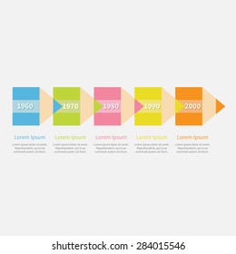 Colorful pencil arrow Five step Timeline Infographic and text. Template. Flat design. Vector illustration