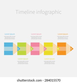 Colorful pencil arrow line Five step Timeline Infographic and text. Template. Flat design. Vector illustration