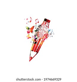 Colorful pencil with brain symbol for creative writing, idea, inspiration, education and learning concept. Blogging and copywriting design, classes, lessons, trainings, tutorials vector illustration