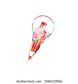 Colorful pencil with brain symbol and light bulb for creative writing, idea, inspiration, education, learning. Blogging, copywriting, design, classes, lessons, trainings, tutorials vector illustration