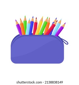 Colorful pencil case on white background. School supplies cartoon illustration. Flat icon design. Isolated objects.