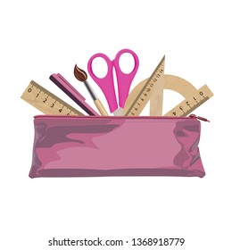 Colorful pencil case with rulers and pencils on white isolated background. Vector illustration.