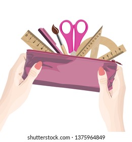 Colorful pencil case with rulers and pencils on white isolated background. Vector illustration.