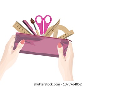 Colorful pencil case with rulers and pencils on white isolated background. Vector illustration.