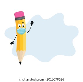 Colorful pencil character wearing a medical mask flat style vector illustration. Healthcare concept for school, office, hospital, banner, poster, card. Vaccination logo with pencli and medical mask