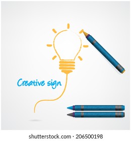 Colorful pencil crayons with creative light bulb sign on paper, vector illustration. 