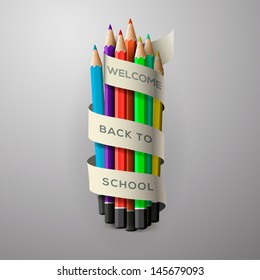 Colorful pencil crayons with text Back to school on ribbon, vector illustration. 