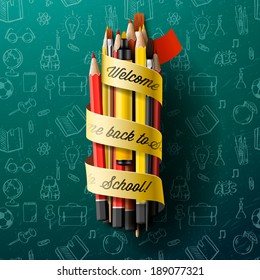 Colorful pencil crayons with text Back to school on ribbon, vector illustration. 