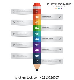 colorful pencil diagram infographic element template, vertical row layout diagram with 10 list of steps