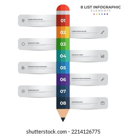 colorful pencil diagram infographic element template, vertical row layout diagram with 8 list of steps