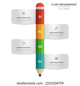 colorful pencil diagram infographic element template, vertical row layout diagram with 4 list of steps