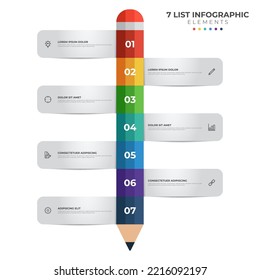 colorful pencil diagram infographic element template, vertical row layout diagram with 7 list of steps