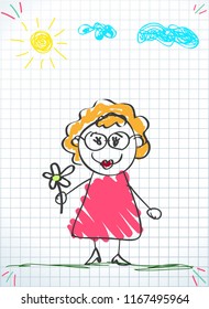 Colorful pencil doodle hand drawing style vector illustration of old woman in glasses and pink dress holding flower on squared notebook sheet background with clouds and sun. Children drawings. 