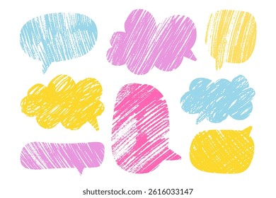 Colorful pencil Pencil Drawn Speech Bubbles set. Message Text Boxes cloud collection. Doodle Child conversation Dialogue Blank Balloons. Cute chalk texture stickers. Playful vector hand drawn Elements