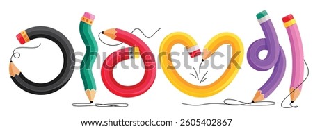 Colorful pencil elements clipart set design. School pen drawing and writing elements clip art collection in curved, heart shape, tie and spiral style educational pictogram collection vector illustrati