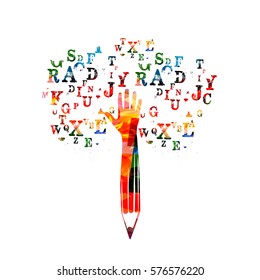 Colorful pencil with human hand and alphabet letters vector illustration