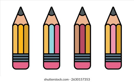 Colorful Pencil Icon Set. Cute School Supplies Vector for Kids and Teachers.