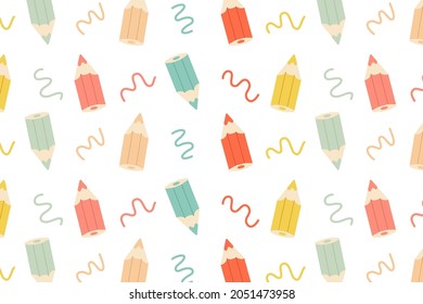 Colorful pencil and line seamless pattern background. Pattern for decoration, print, wallpaper, wrapping paper, backdrop, textile, greeting card. Concept of kid, stationery. Flat vector illustration