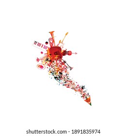 Colorful pencil with musical notes and instruments isolated. Creative writing, composing music, education concept with trumpet, violoncello, guitar, euphonium and piano keyboard vector illustration	