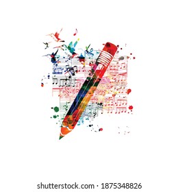 Colorful pencil with musical notes isolated. Creative writing, composing music, education concept vector illustration 