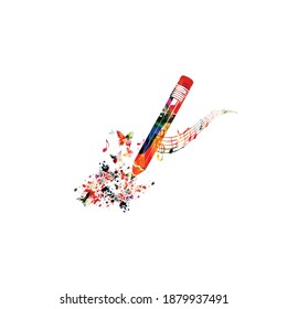 Colorful pencil with musical notes isolated. Creative writing, composing music, education concept vector illustration design
