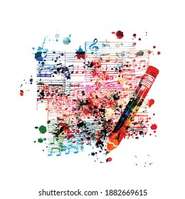 Colorful Pencil With Musical Notes Isolated. Creative Writing, Composing Music, Education Concept Vector Illustration Design