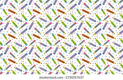 Farbiges Bleistiftmuster, Hintergrund. Handgezeichnetes Schreibwarenmuster aus Bleistift. Zeichentrickfilme mit Bleistift, Hintergrund. Zurück zum Schulkonzept. Bildungshintergrundkonzept.