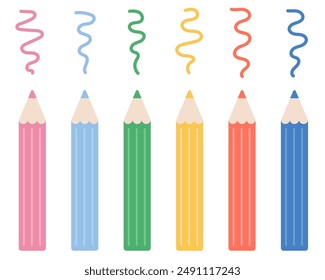 colorful pencil set, crayons, pencil on white background, back to school, school supplies, drawing, pink, blue, green, yellow, red, vector illustration