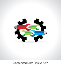 colorful pencil with spanner connected gears