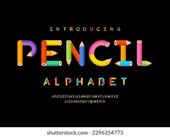 Colorful pencil style alphabet design with uppercase, numbers and symbols