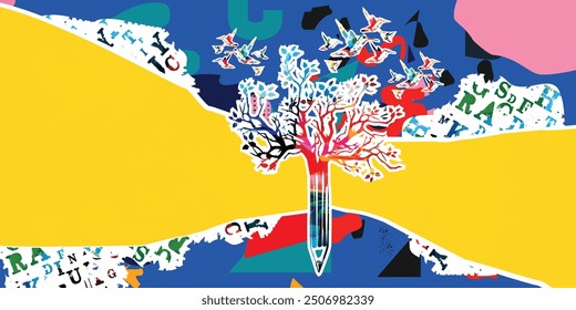 Colorful pencil tree vector illustration. Design for creative writing and creation, storytelling, blogging, education, book cover, article and website content writing, copywriting	