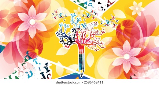 Colorful pencil tree vector illustration with hummingbirds. Design for creative writing and creation, storytelling, blogging, education, book cover, article and website content writing, copywriting	