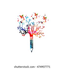 Colorful pencil tree vector illustration with butterflies. Design for creative writing and creation, storytelling, blogging, education, book cover, article and website content writing, copywriting