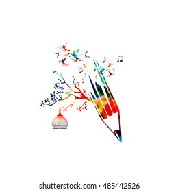 Colorful pencil tree vector illustration with hummingbirds. Design for creative writing and creation, storytelling, blogging, education, book cover, article and website content writing, copywriting