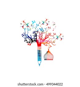 Colorful pencil tree vector illustration with hummingbirds. Design for creative writing and creation, storytelling, blogging, education, book cover, article and website content writing, copywriting