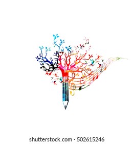 Colorful pencil tree vector illustration with music notes. Design for creative writing, storytelling, blogging, education, book cover, article and website content writing, copywriting, composing music