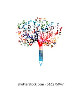 Colorful pencil tree vector illustration with font letters. Typeset design for news, creative writing, storytelling, blogging, education, book cover, article and website content writing, copywriting