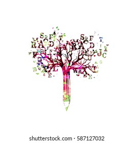 Colorful pencil with treetop and letters vector illustration. Alphabetical design for creative writing, blogging, education, book cover, article and website content writing and copywriting concept