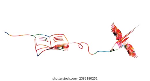 Colorful pencil with wings and book vector illustration. Design for creative writing and creation, storytelling, blogging, education, book cover, article and website content writing, copywriting