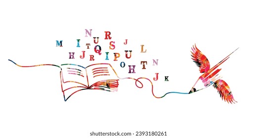  Colorful pencil with wings and book vector illustration. Design for creative writing and creation, storytelling, blogging, education, book cover, article and website content writing, copywriting