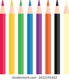 Colorful pencils arranged in a neat row, featuring red, yellow, green, blue, purple, orange, black, and white colors.