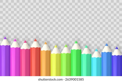 Colorful Pencils Background With Rainbow Gradient, Realistic 3D Style, Ideal For School, Art, Or Kids Design Concepts. Transparent PNG Template. Vector Illustration.