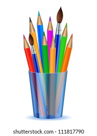 Colorful pencils and Brushes in the holder. Vector illustration