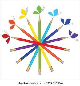 Colorful pencils and butterflies