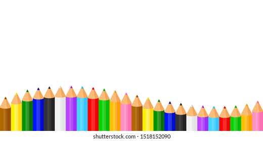 colorful pencils crayon pastel cute in a row on white copy space, collection colored pencils rows for banner preschool kids, clip art crayon pencil cartoon, rainbow pencil kindergarten child learning