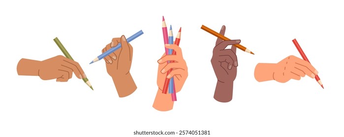 Colorful pencils and crayons in hands of artists or professional painters. Vector isolated artistic skills development, set of arms with tools for creating paintings and drawing in color