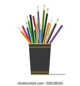 Colorful pencils in cup . vector, flat style design. Isolated on a white background.