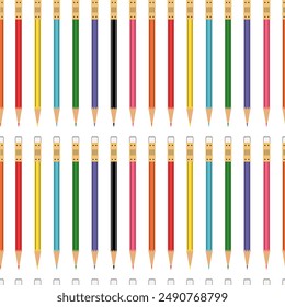 Colorful pencils with erasers seamless pattern. School supplies. Back to school. Vector drawing. Kids background, wallpaper, digital paper.
